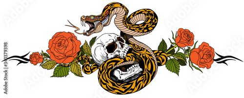 Angry snake coiled around the human skull and rose flowers. Tattoo. Vector illustration