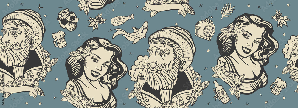 Naklejka premium Sea adventure seamless pattern. Retro background. Old school tattoo style. Sea wolf captain and sailor girl. Traditional tattooing art
