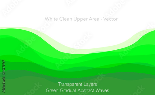 Green underside, free under space. Clean white background upper area. Green abstract transparent layers.  Gradual transition, light  dark. Blank bottom side. medical, tea  Illustration template Vector