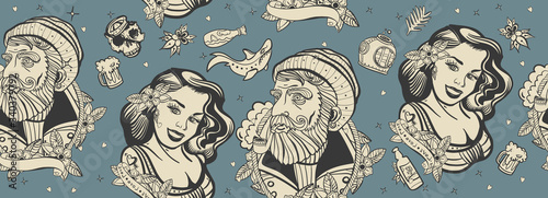Sea adventure seamless pattern. Retro background. Old school tattoo style. Sea wolf captain and sailor girl. Traditional tattooing art