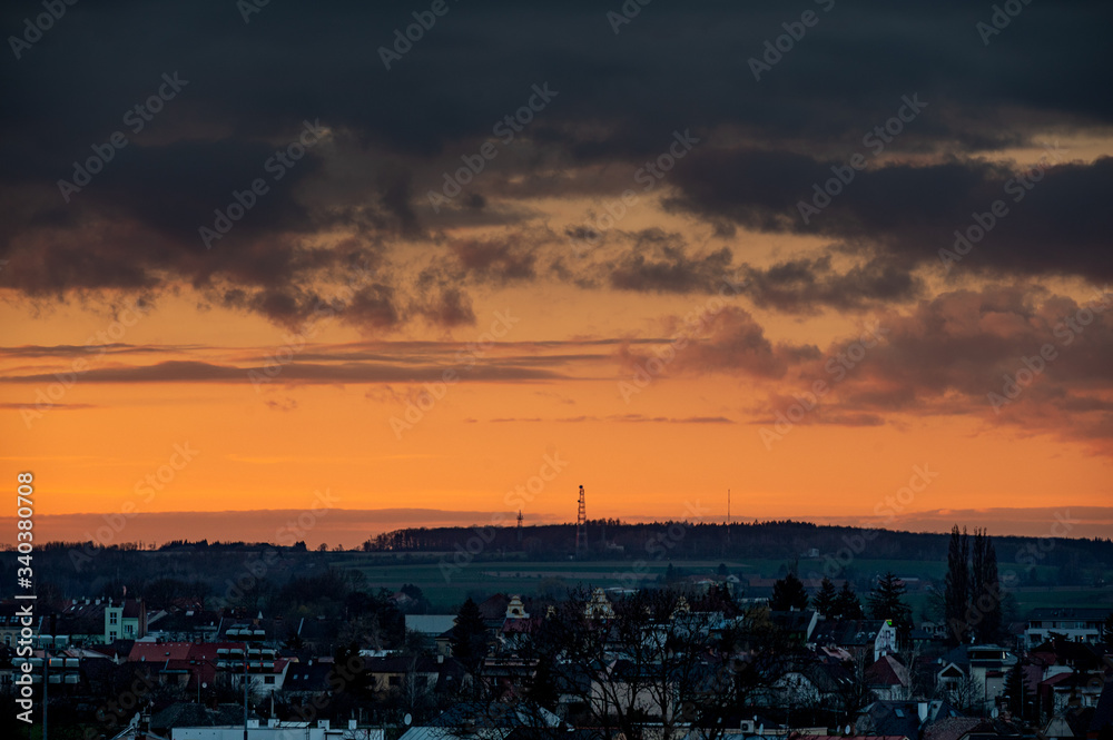 Beautiful sundawn twilight over the city. Horizont, sky with clouds.