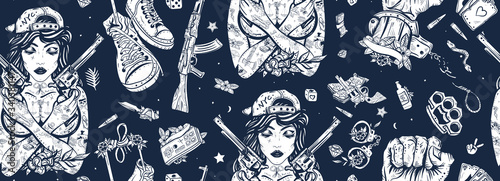 Criminal street culture seamless pattern. Cool gangster tattooed woman in baseball cap. Old school tattoo. Swag. Hip-hop lifestyle. Crime favela. Bad girl and crossed guns, handcuffs, audio cassette