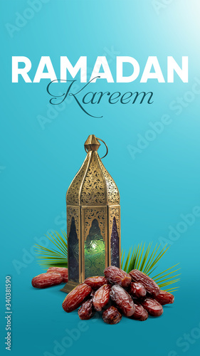 Minimal creative ramadan concept. Dates close-up in the foreground with ramadan Lantern. Ramadan Kareem and eid mubarak text on the blue background. 