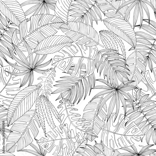 Seamless pattern from a set of tropical or forest leaves in sketch style on an isolated white background, oval, palmate, paired, pinnate, ovoid type