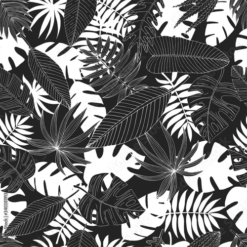 Seamless pattern from a set of tropical or forest leaves in black and white sketch style on black background, oval, palmate, paired, pinnate, ovoid type
