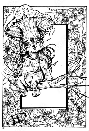 Fairytale character, cute creature, plump smile kid, magic mushroom with eyes and big hat in a specks, chubby cheeks and paws, sitting on a tree branch among the flowers, leaves and plants in a frame.