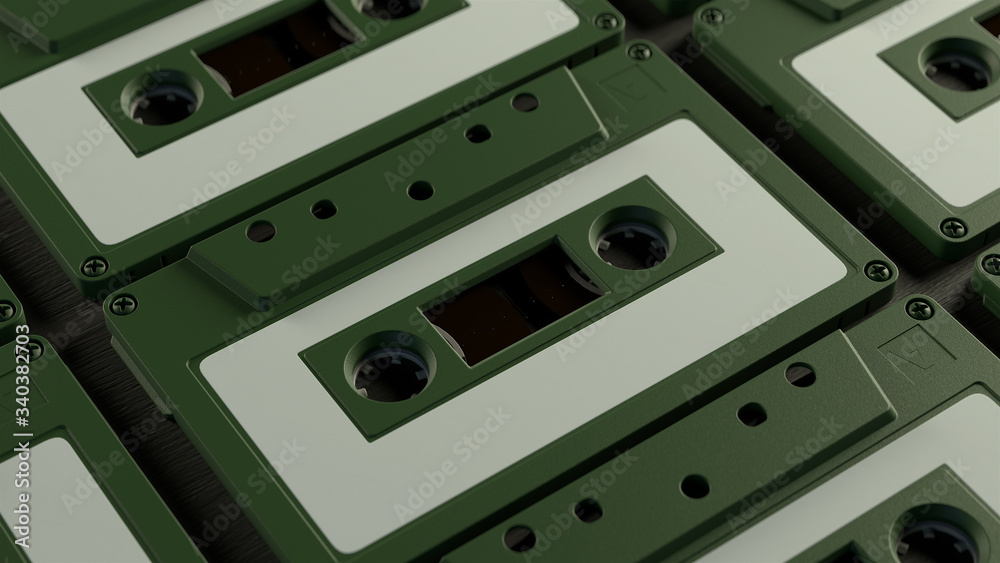 Obraz premium Grid pattern with retro audio cassettes on a black wooden background with depth of field. Vintage cassette close up. 3d render.
