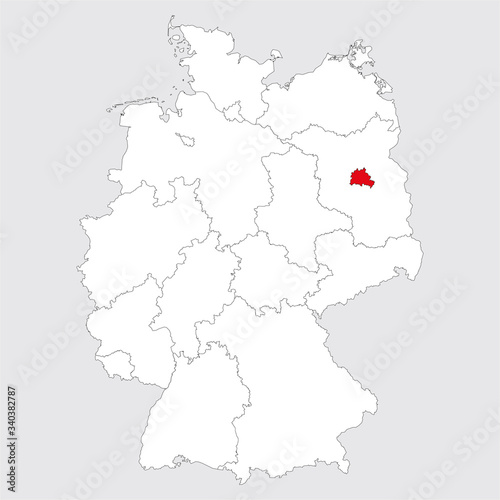 Berlin province highlighted on germany map. Gray background. German political map.