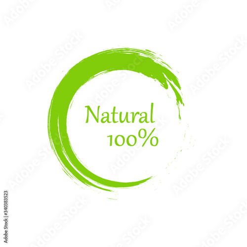 100 natural organic color circle brush stroke background. Eco food badge. Nature green icon product label or logo.