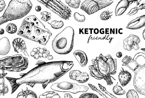 Keto diet vector drawing. Ketogenic hand drawn template. Vintage engraved sketch