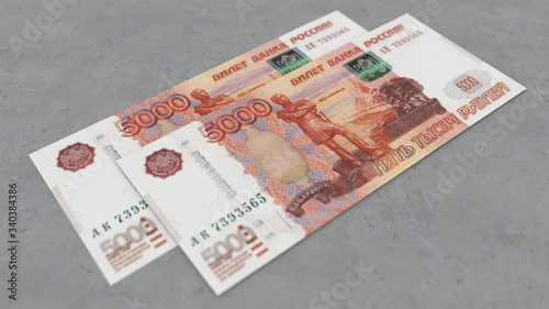 Two five thousandths banknotes of rubles with a depth of field on a concrete background. 3d illustration.