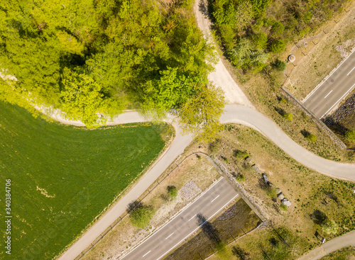 Aerial view of wildlife overpass over road in Switzerland