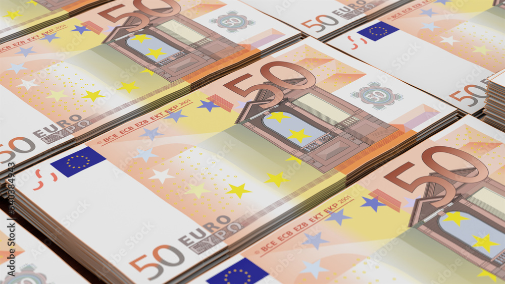 The stacks of euros banknotes with a depth of field on a wooden background. 3d illustration.