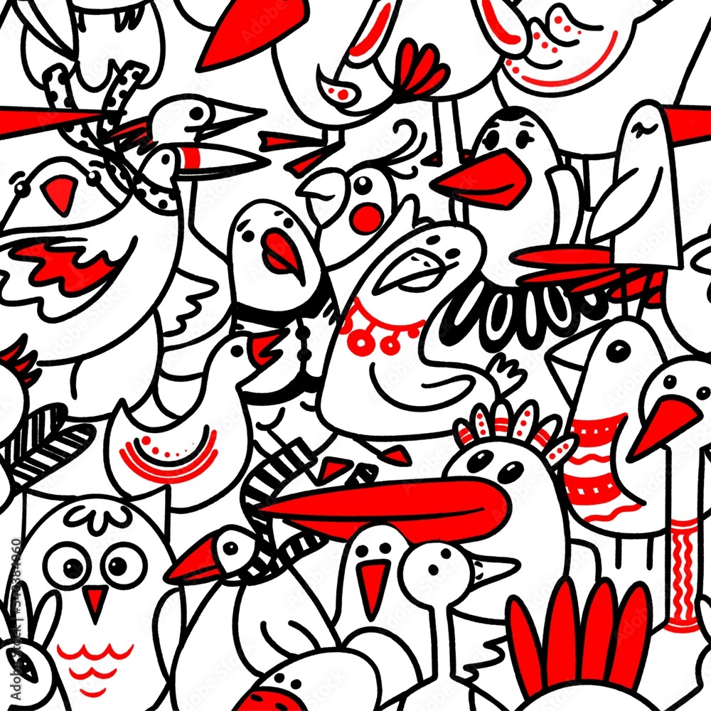 Fototapeta premium birds, black and red pattern on a white background, digital illustration