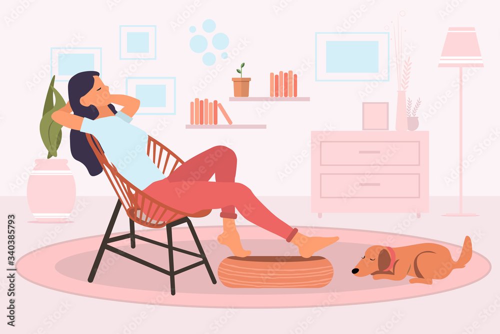 Young woman sitting and relaxing on a retro chair in her living room at home and cute dog sleeping on the floor next to a girl feet. Resting at home concept. Vector illustration flat style