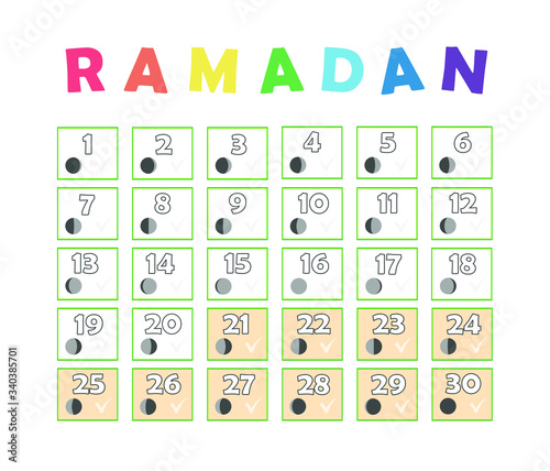Ramadan children calendar. Fasting tick calendar  moon cycle phases  New moon. 30 days of Ramadan Islamic holy month. Vector graphic illustration