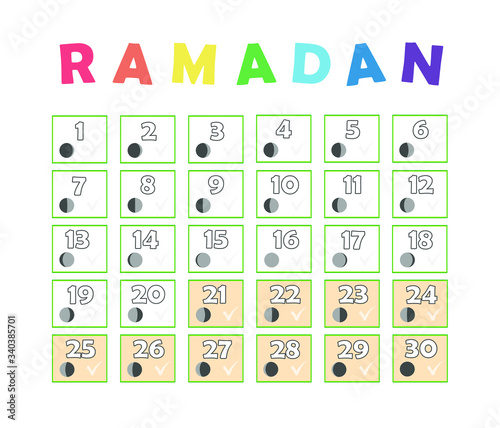Ramadan children calendar. Fasting tick calendar, moon cycle phases, New moon. 30 days of Ramadan Islamic holy month. Vector graphic illustration