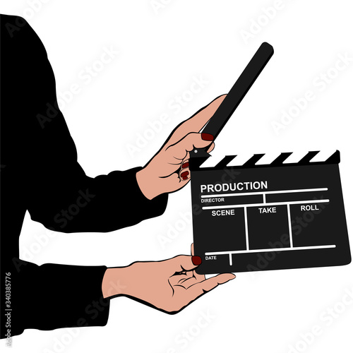 Woman hands holding movie clapperboard vector illustration