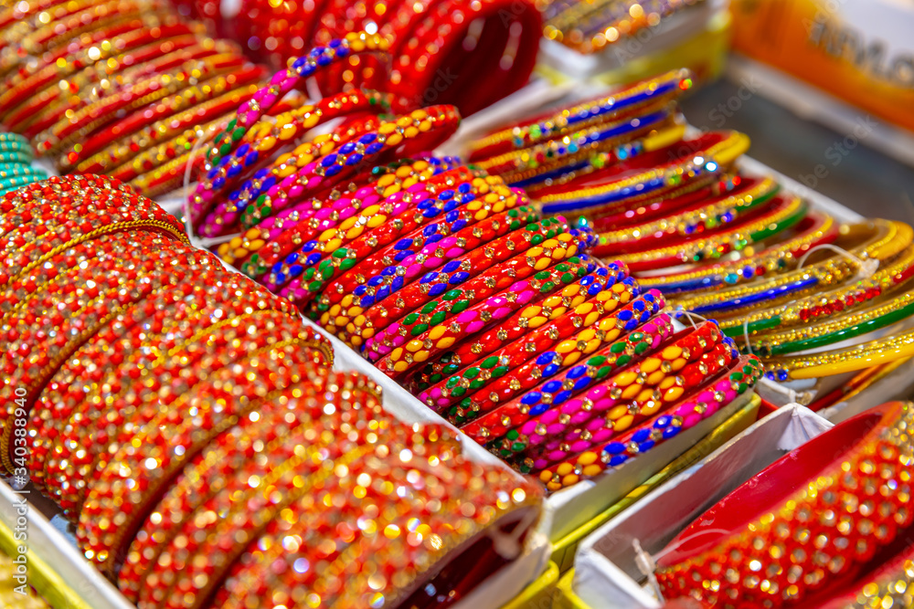 Colourful Indian bangles or wrist bracelets on display in delhi, India