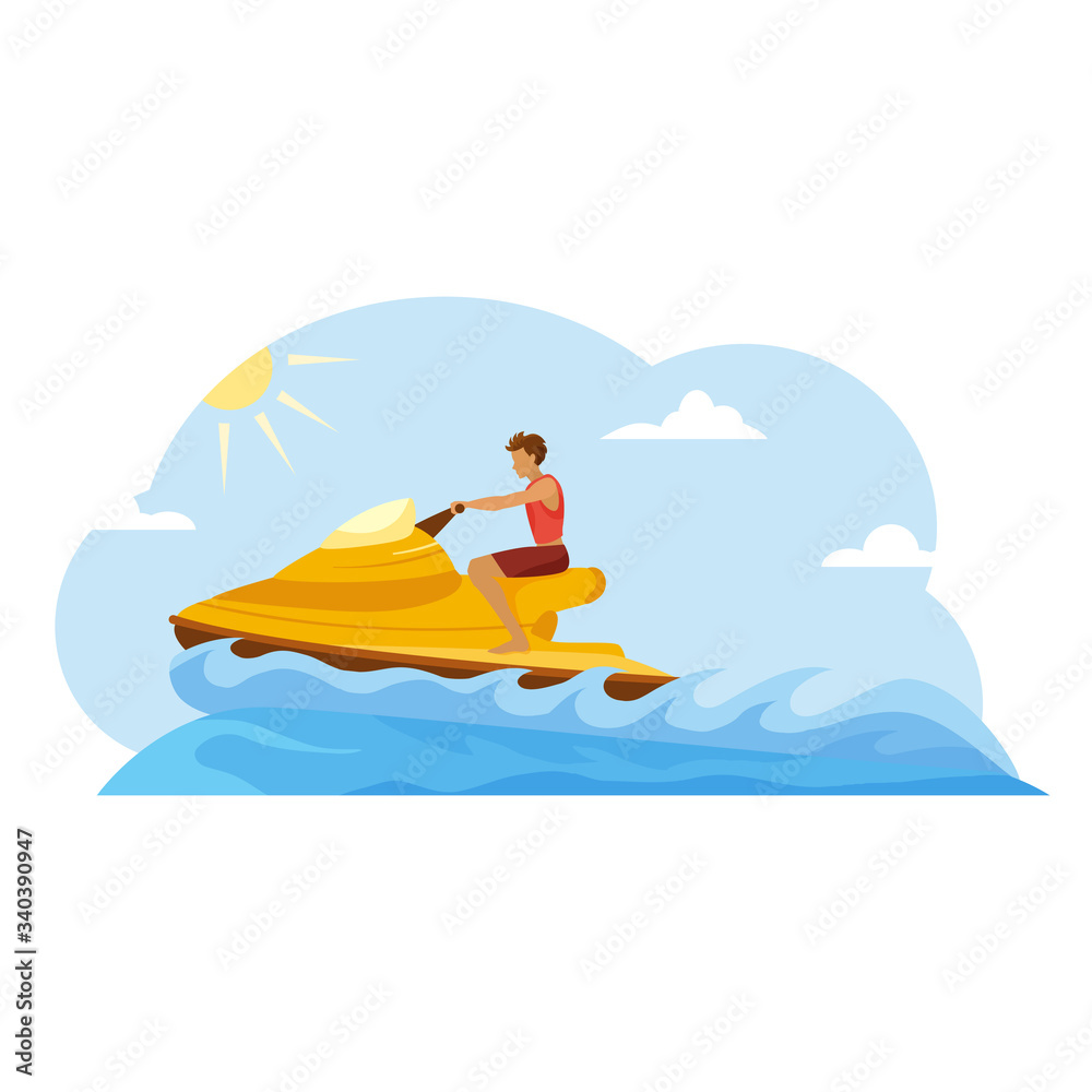 Young man rides jet ski on sea waves on sunny summer day. Concept of entertaining water sport