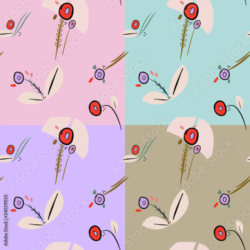 Seamless Doodle vector pattern hand painted. Stylish plants flowers of unusual shape graphic on a pastel background. Suitable for Wallpaper, textiles, covers and other design materials.