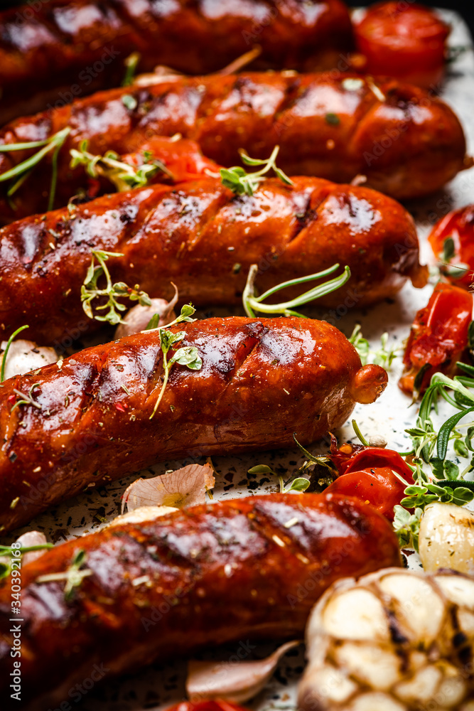Barbecue Pork Sausages with Grilled Vegetables,Garlic, Herbs and Spices