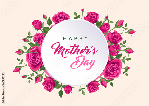 Happy mother's day banner. Vector greeting card for social media, online stores, poster, flyer. Handwritten text of happy mother's day. A vignette of beautiful pink roses, leaves and flower buds.