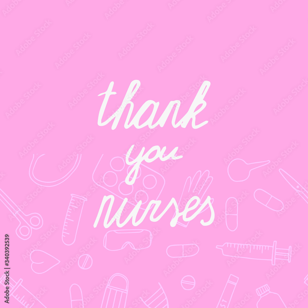 Thank you nurses postcard. Hand drawn pink poster. Stock vector illustration.