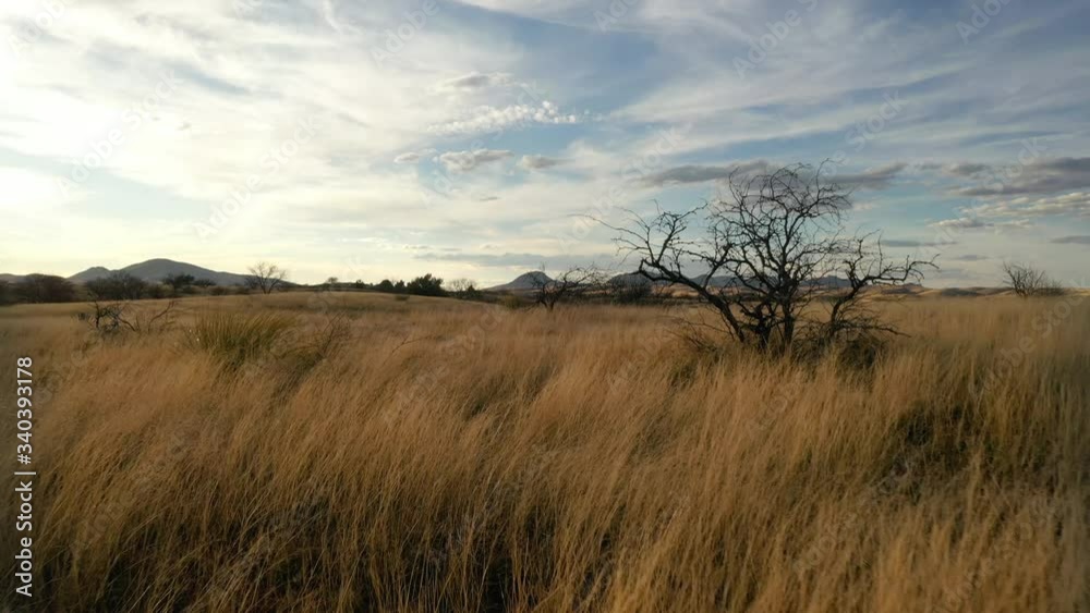 Flying Over The Dry Grassland In Sonoita, Arizona With Mountains And Clouds Flying Over The Dry Grassland In Sonoita, Arizona With Mountains And Clouds