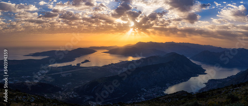 Beautiful, summer sunset over the Bay of Kotor (also known simply as Boka ("the Bay")  - the winding bay of the Adriatic Sea in southwestern Montenegro. View from the Lovcen mountains. © Zbigniew