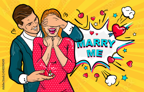 The guy covers the girl's face. Girl with open mouth. Romance emotional Surprise. The guy offers the girl to marry him. Pop art style. Vector comic illustration speech bubble. Date