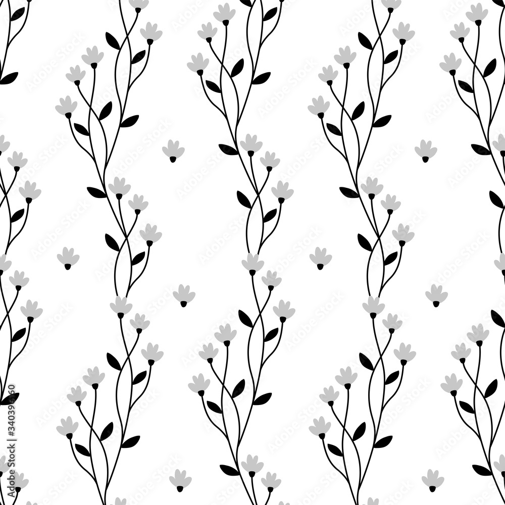 Seamless pattern with gray forest flowers on white background.