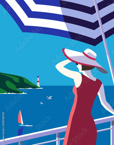 Female on balcony enjoys seaside landscape