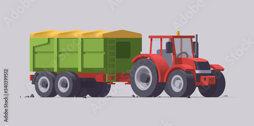Vector red tractor & trailer. Isolated illustration