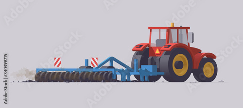 Vector tractor & cultivator. Tillage. Isolated illustration