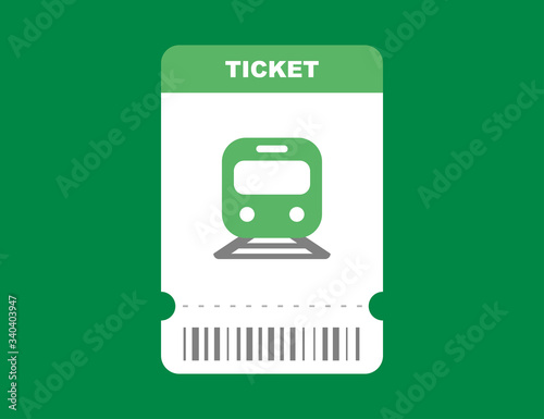 Railway ticket on train in flat green isolated design. Travel pass card on subway template with barcode. Locomotive trip ticket. Vector EPS 10