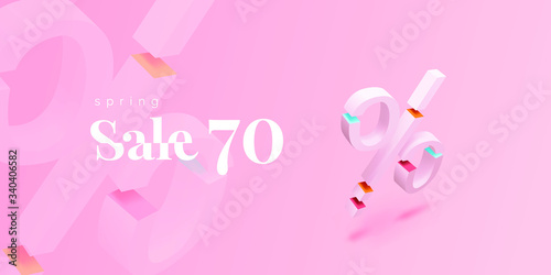 Summer sale. Discount banner, first screen concept for web site on a pink background with copy space and volume percent. Modern vector illustration.