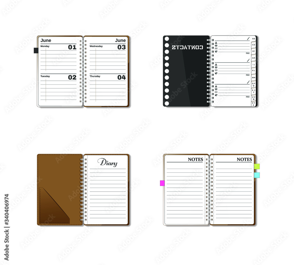 Open pocket diary, notebook, notepad, organizer, journal, phone book,  sketch pad. Stationery book set. Contacts and personal information. Blank  pages. Isolated vector graphic illustration. vector de Stock | Adobe Stock