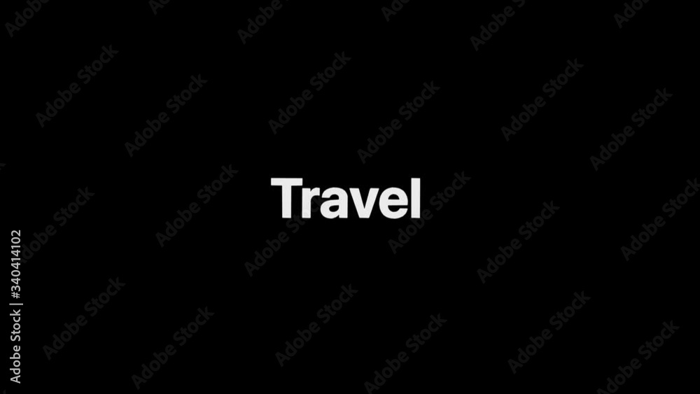 Outline Effect over a white Travel word that then fills with flat plain white on an animated typographic 4k text composition with black background. Outline Effect over a white Travel word that then fills with flat plain white on an animated typographic 4k text composition with black background.