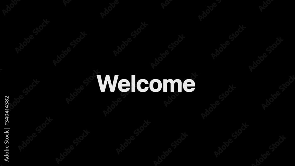 Outline Effect over a white Welcome word that then fills with flat plain white on an animated typographic 4k text composition with black background.