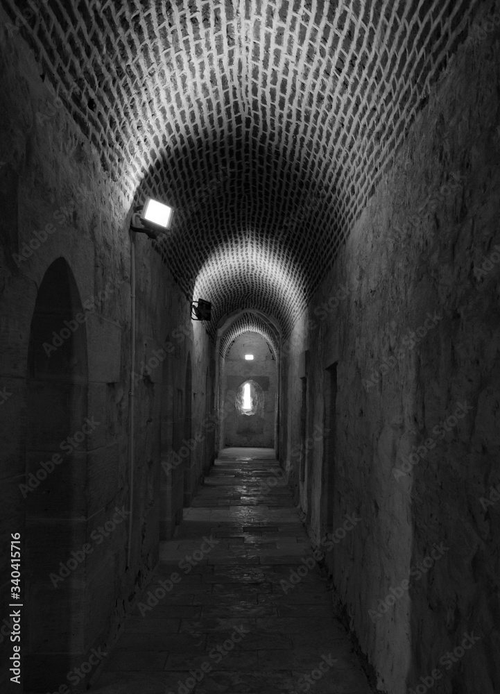 Inside Citadel of Qaitbay passages, Black and white photography