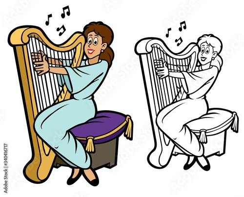 Cheerful young woman playing a harp.  With bonus black outline version