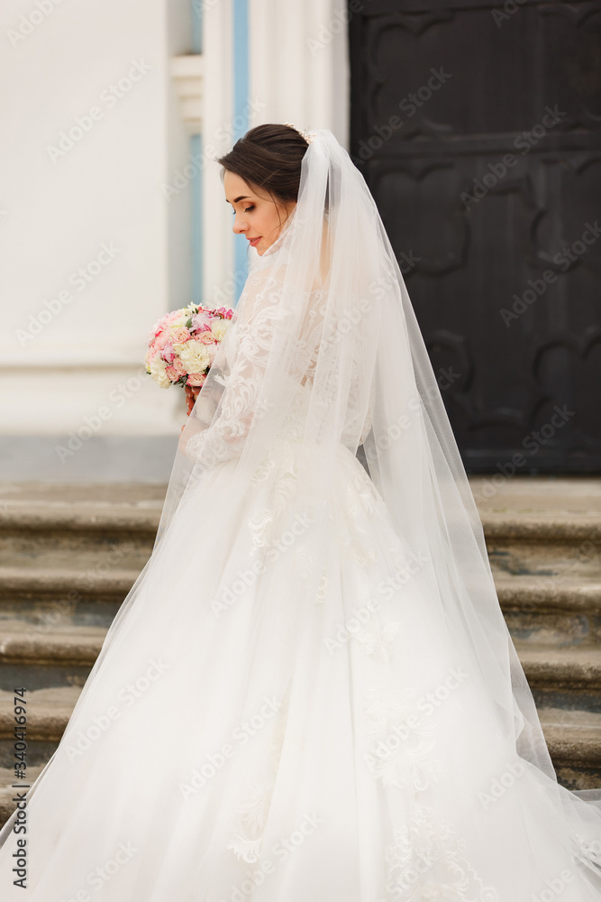 Portrait of beautiful bride in white wedding dress with long veil Portrait of beautiful bride in white wedding dress with long veil