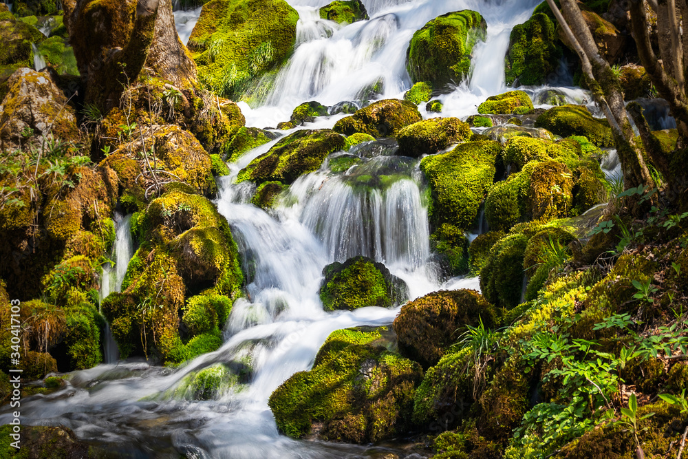 Waterfall on the river in early spring. Grza river in Serbia.