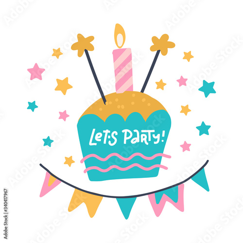 Birthday party flat hand drawn illustration. Lets party hand calligraphy. Doodle B-day cake with burning candle drawing. One year anniversary celebration. Pink girlish greeting card with lettering