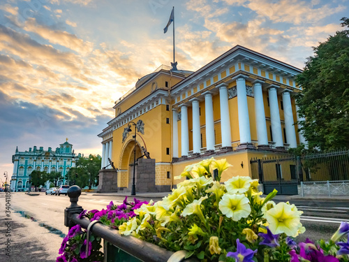 Saint Petersburg. Russia. Admiralty. Admiralteyskaya Square. Main facade of the Admiralty in St. Petersburg. Panorama Roads of Russia. Tourism in Saint Petersburg. Russia europe. Architecture photo