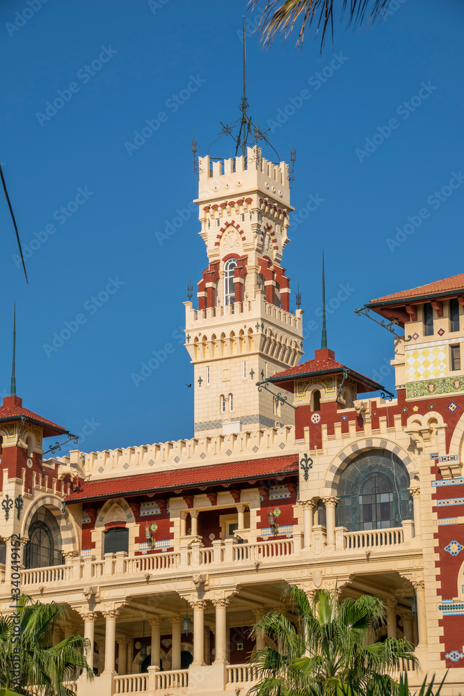 Montaza Palace in Alexandria, Egypt a palace, Clock Tower. Overlooking a beach Mediterranean Sea.