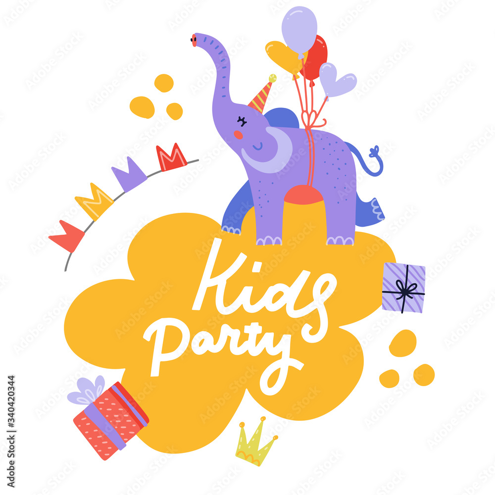 Obraz premium Kids birthday party invitation card with elephant theme. Cartoon character flying on balloons with gift boxes. Celebrating print concept. Flat vector Illustration with hand drawn lettering.