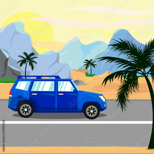 A trip to the mountains by car on a warm summer evening. Vector illustration