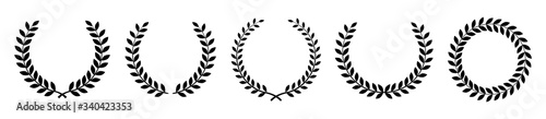 Laurel wreath of victory icon. Set black silhouette circular laurel foliate, wheat and oak wreaths depicting an award, achievement, heraldry, nobility. Emblem floral greek branch flat style